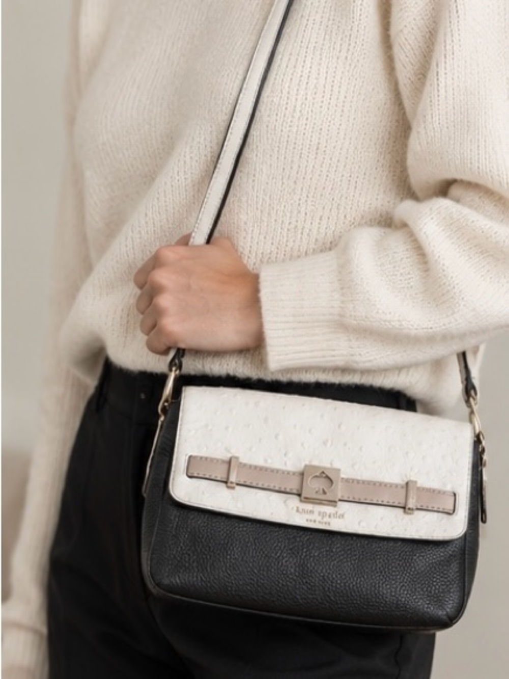 kate spade ostrich embossedBlack, White and Beige Crossbody Bag
